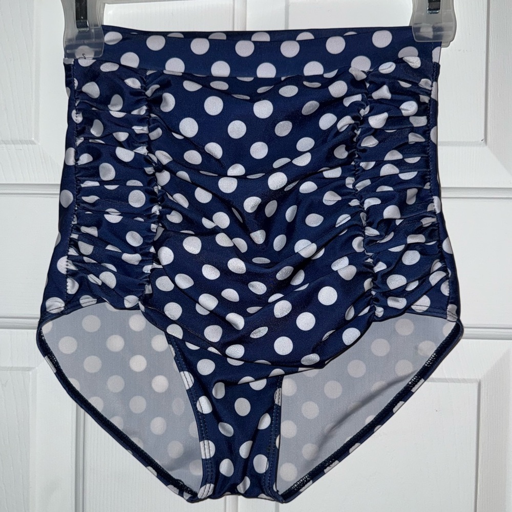 Retro 50’s/60’s Style High Waisted Ruched Polka Dot Bikini Bottom- Size S